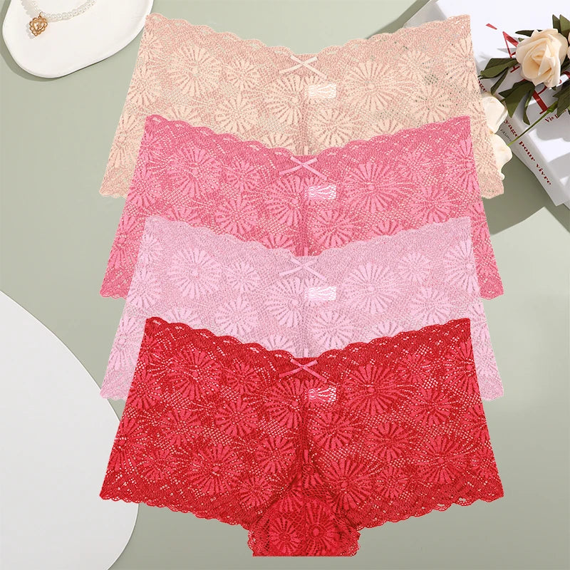 4pcs Sexy Lace Transparent Pantie Women Hollow  Boxers Low Waist Soft Lingerie Soft Comfortable Intimates Panties Sexy Sleepwear