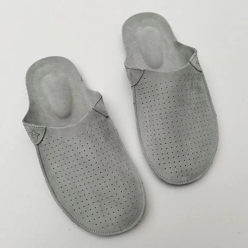 natural Leather mule slippers Men's summer Slippers Cowhide Hollow Breathable Soft Bottom Retro Handmade Cool Slipper Summer