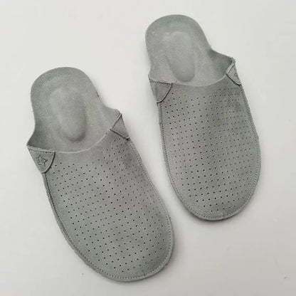 natural Leather mule slippers Men's summer Slippers Cowhide Hollow Breathable Soft Bottom Retro Handmade Cool Slipper Summer