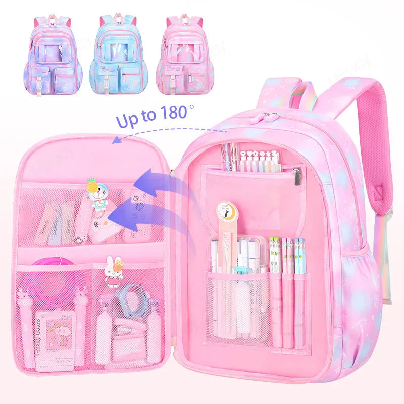Mochilas Escolares para Meninas Criança Mochila de Ombro Cor Doce Bonito com Grande Capacidade de Abertura Lateral
