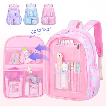 Mochilas Escolares para Meninas Criança Mochila de Ombro Cor Doce Bonito com Grande Capacidade de Abertura Lateral