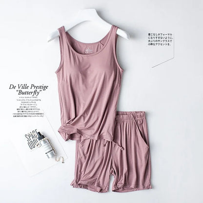 Summer Women's Pajamas Set Modal Cotton Vest Shirt Shorts 2 Pieces Suit Bra Padded Soft Sleepwear Slim Student Nightwear Pijama
