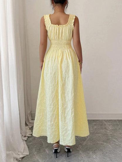 [Vacation Essential] Yellow Smocked Midi Dress, Chic Beach Party Date Night Dress