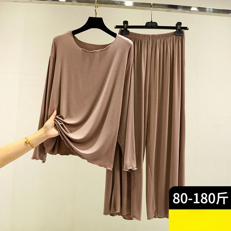 Modal Thin Long Sleeved T-Shirt Set for Women in Spring and Autumn Pajamas Plus Loose Base Shirt Solid Color Sleepwear Homewear