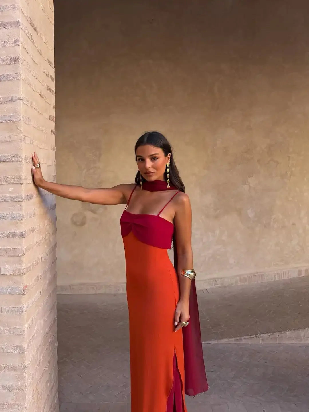 Color Blocking Scarf Collar Sling Dress Sexy Waist Cinching Chic Split Bodycon Maxi Dresses 2026 Lady Club Party Vestido