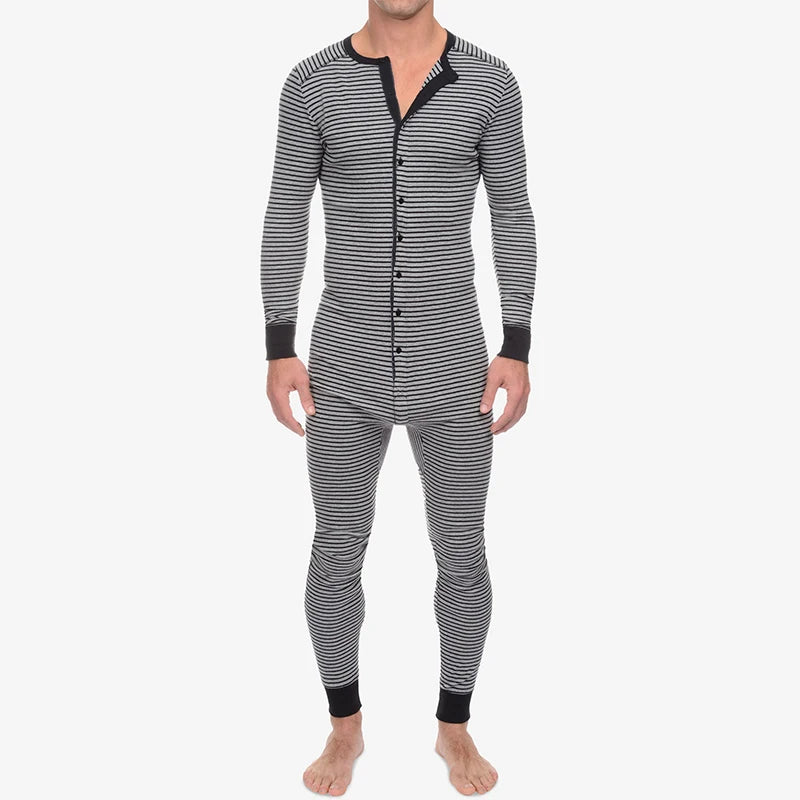 Spring Men O Neck One-piece Pajamas Long Sleeve Striped Daily Home Wear Rompers Slim-fit Button-down Cozy Sexy Tight Sleepwear