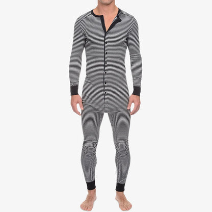 Spring Men O Neck One-piece Pajamas Long Sleeve Striped Daily Home Wear Rompers Slim-fit Button-down Cozy Sexy Tight Sleepwear