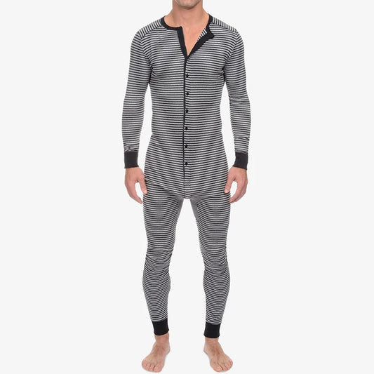 Spring Men O Neck One-piece Pajamas Long Sleeve Striped Daily Home Wear Rompers Slim-fit Button-down Cozy Sexy Tight Sleepwear