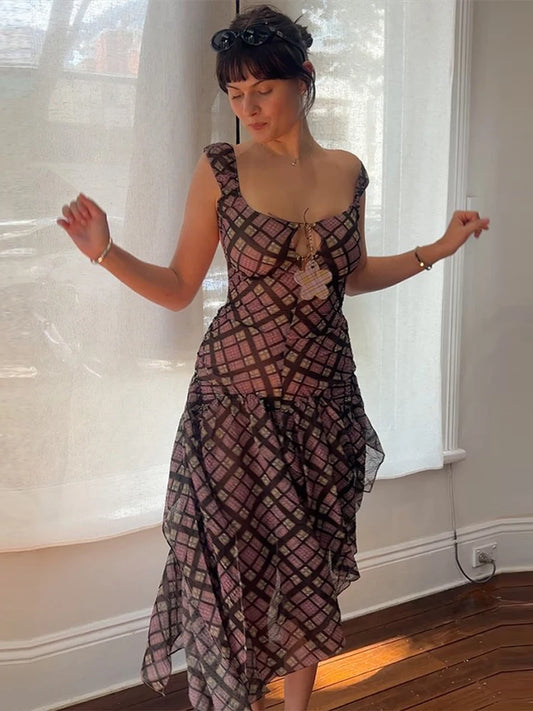 Fashion Women Plaid Irregular Long Dresses Elegant Sleeveless Backless Ruffled Dress 2026 Summer New Female Vestidos High Street