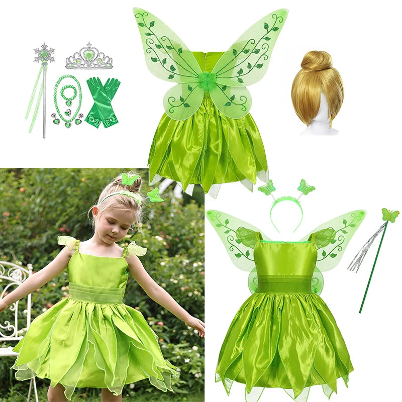 Girls Party Dresses Fairy Green Costume for Girl Tinkerbell Children Clothing Princess Elf Birthday Ball Gown Wing Dresses
