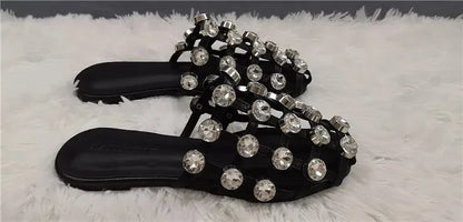 Amelia Caged Sandals Studd Slipper Runway Leather Sandalias Mujer Zapatos Mules Cut Outs Beading Crystal Flat Slide Shoes Women