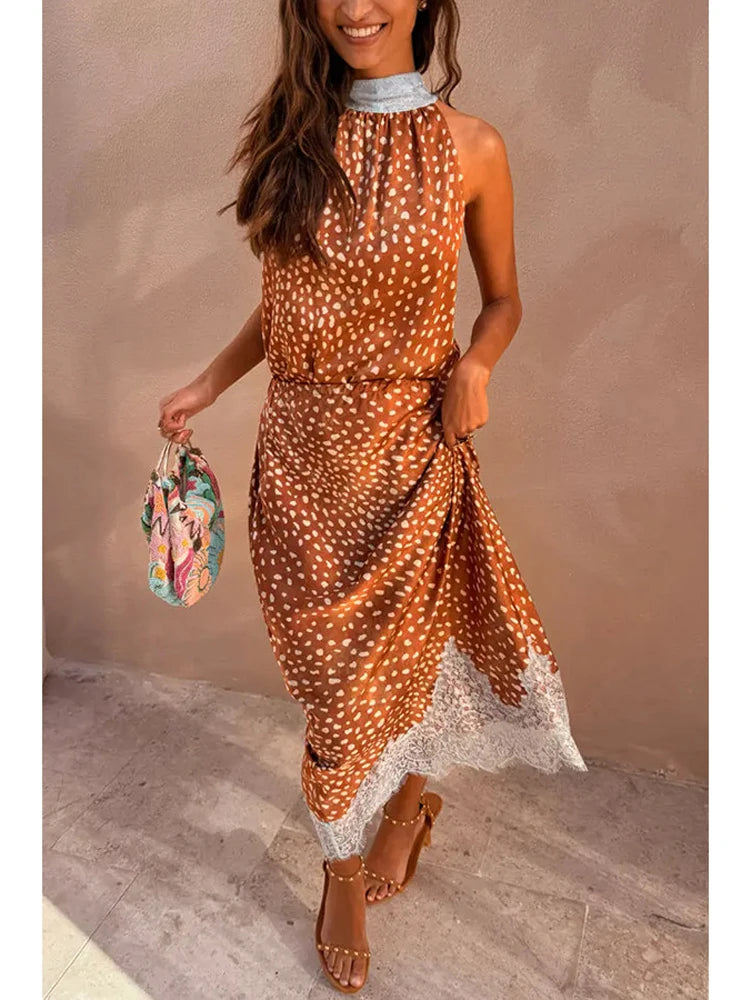 Women Orange Paisley Print Short Sleeve Maxi Dress Fashion V-neck Ruffle Trim Belted Slit Hem Dresses 2026 Lady Vacation Gown