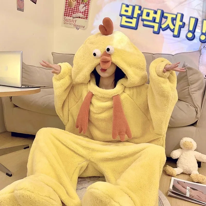 New Pajamas Cartoon Anime Sleepwear Little Yellow Chicken Bodysuit Coral Fleece Warm Comfortable Thicken Nightgown Homewear Robe