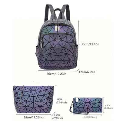 Mochila luminosa feminina em PVC holográfico, geométrica, para meninas adolescentes, mochila escolar, mochila feminina, para viagem, de ombro