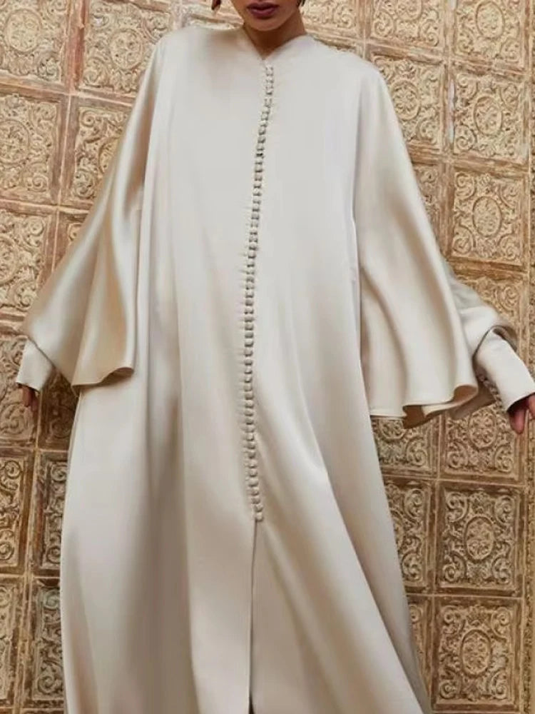 Vestido de Noite Comprido Mulher Muçulmana de Cor Sólida Gola Redonda Manga Comprida Asa de Morcego Solta com Abertura até ao Chão