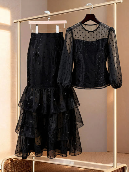 Women Polka Dot Dresses Sheer Organza O Neck Long Lantern Sleeve Ruffles Party Celebrate Occasion Birthday Stylish African New