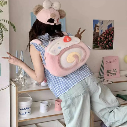 Mochilas Mulher Y2K Roll Cake Mochila Feminina Bolsas de Ombro Kawaii Para Mulher Peluche Macio Grande Capacidade Mochilas Fofas Estéticas