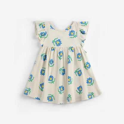 Vestido Meninas Fashion 2026 Primavera Verão Estampado Flores Vestidos Fashion Bebé Crianças Saia Série Roupa