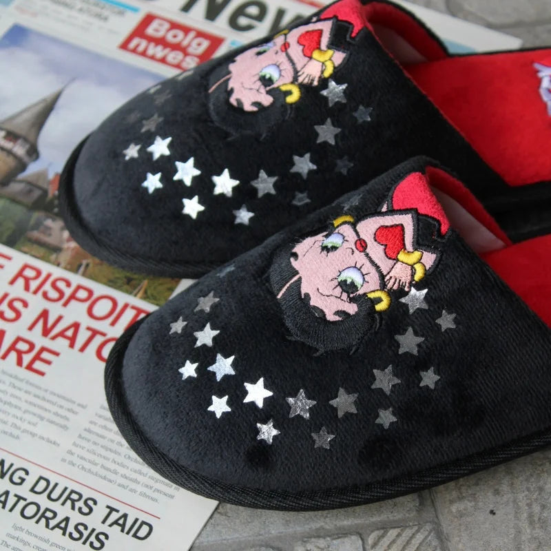 Pantufas da Betty Boop Anime Mulher Peluche Chinelos Bonitos Desenhos Animados Confortáveis Quentes Sapatos de Casa Kawaii Antiderrapantes Sola Macia para Exterior