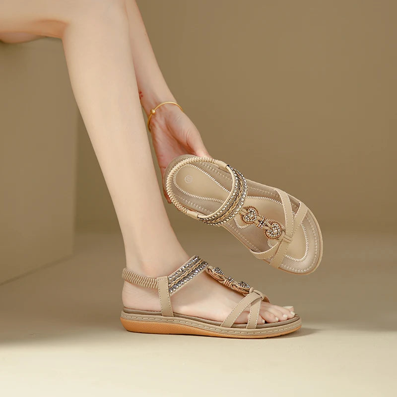 Women's Sandals Bohemian elegant sweet Stretch Sneakers Beaded Soft Bottom Anti Slip soft sole vacation Tourist Beach Flat Shoes