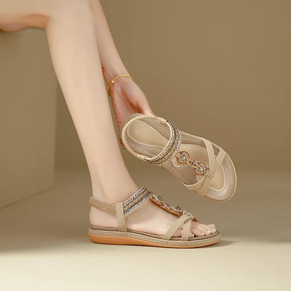 Women's Sandals Bohemian elegant sweet Stretch Sneakers Beaded Soft Bottom Anti Slip soft sole vacation Tourist Beach Flat Shoes