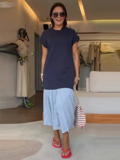 Women Dress Crew Neck Cap Sleeve Color Blocking Midi Dress Loose Fit Pleated Hem Casual Summer Streetwear Office Outfit Dresses