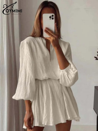 Oymimi Vestidos de Algodão Bege Elegantes para Mulher Moda Gola V Manga Comprida Vestidos com Atacadores Vestido Mini Plissado Casual Roupa de Rua
