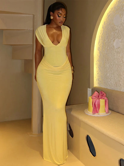 Vestido Maxi Bodycon Sexy Franzido Mulheres Sólido Sem Mangas Decote em V Vestidos Longos Finos Feminino Festa Noite Roupa de Clube Noite 2026