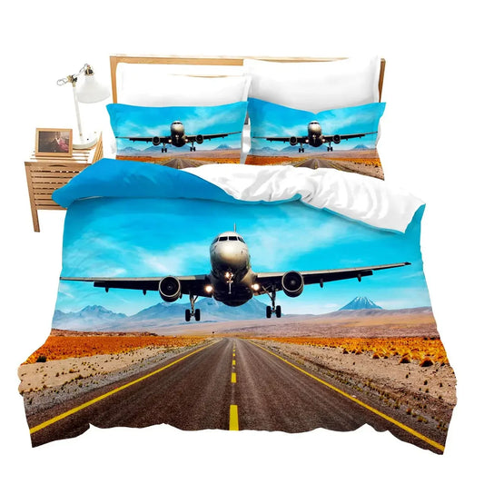 Boys Airplane Duvet Cover Set Children Teens Aviation Aircraft Runway Bedding Set 3D Airplane Cover Room Decortion for Adults