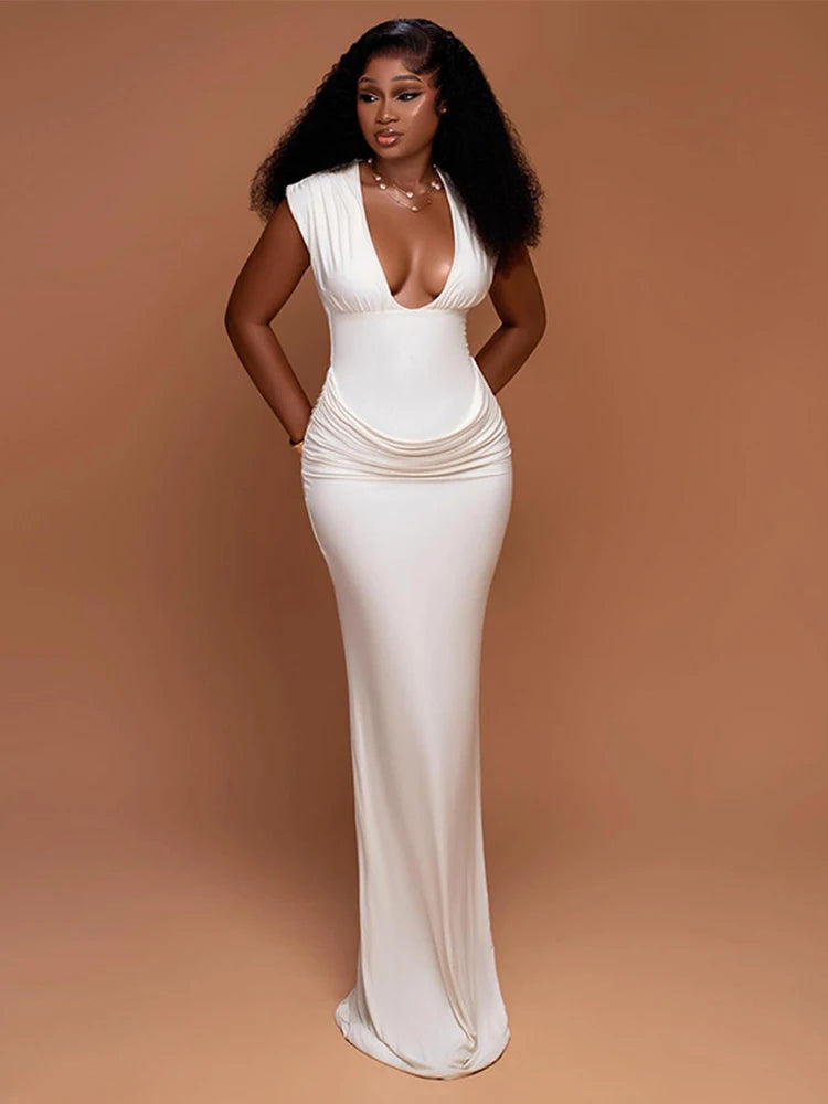 Vestido Maxi Bodycon Sexy Franzido Mulheres Sólido Sem Mangas Decote em V Vestidos Longos Finos Feminino Festa Noite Roupa de Clube Noite 2026