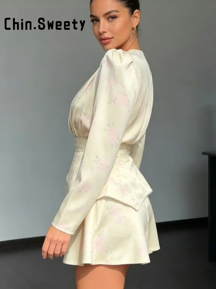 Vestido Elegante Estampado Feminino Decote em V Profundo Manga Comprida Cintura Marcada Vestidos Plissados 2026 Verão Senhora Férias Festa Vestidos