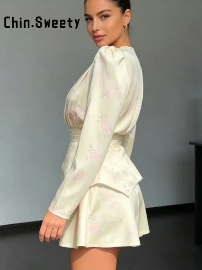 Vestido Elegante Estampado Feminino Decote em V Profundo Manga Comprida Cintura Marcada Vestidos Plissados 2026 Verão Senhora Férias Festa Vestidos