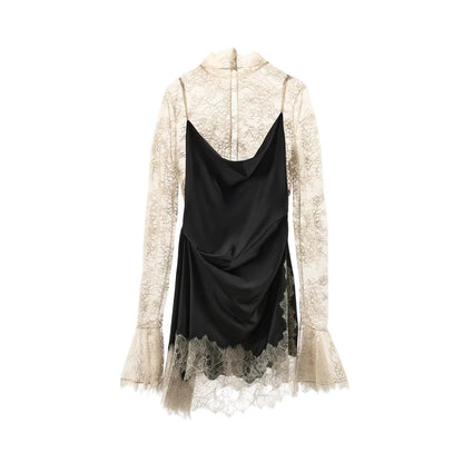 Elegant Lace Trim Satin Dress Women High Neck Color Block Full Sleeve Y2K Mini Dresses 2026 Spring Lady New Sexy Party Clubwear