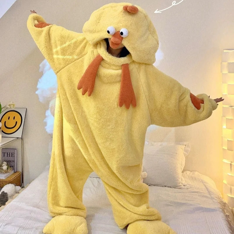 New Pajamas Cartoon Anime Sleepwear Little Yellow Chicken Bodysuit Coral Fleece Warm Comfortable Thicken Nightgown Homewear Robe