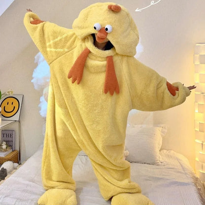 New Pajamas Cartoon Anime Sleepwear Little Yellow Chicken Bodysuit Coral Fleece Warm Comfortable Thicken Nightgown Homewear Robe