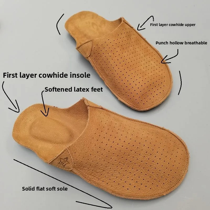 natural Leather mule slippers Men's summer Slippers Cowhide Hollow Breathable Soft Bottom Retro Handmade Cool Slipper Summer
