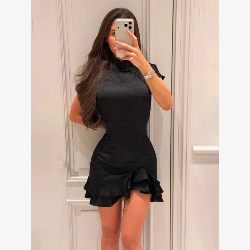 Vestido Curto Elegante com Estampado e Folhos Decote em V Manga Curta Cintado Plissado Mini Vestidos de Festa para Mulher Vestidos 2026