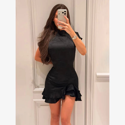 Vestido Curto Elegante com Estampado e Folhos Decote em V Manga Curta Cintado Plissado Mini Vestidos de Festa para Mulher Vestidos 2026