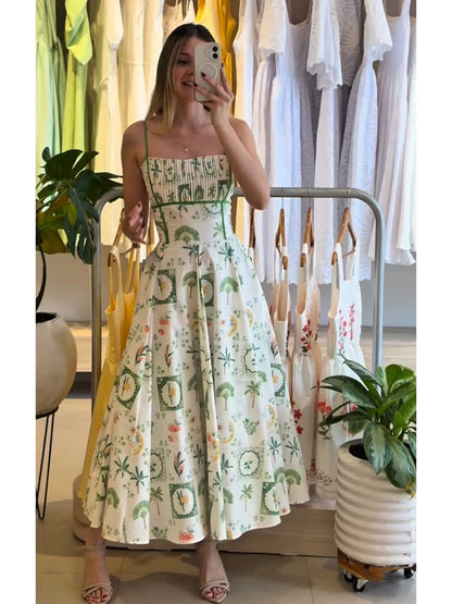 Women's Printed Sleeveless Halter Dress Waist-Closed A-Line Lady Elegant Dresses 2026 Spring Summer Fashion Female Vacation Robe