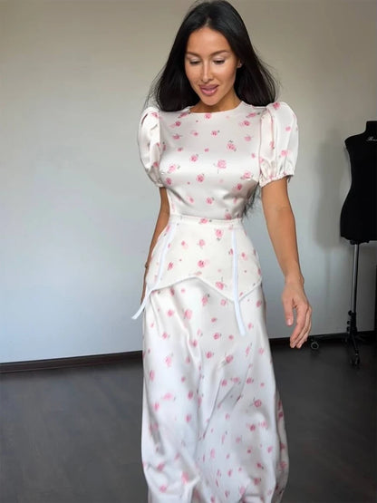 Women Orange Paisley Print Short Sleeve Maxi Dress Fashion V-neck Ruffle Trim Belted Slit Hem Dresses 2026 Lady Vacation Gown