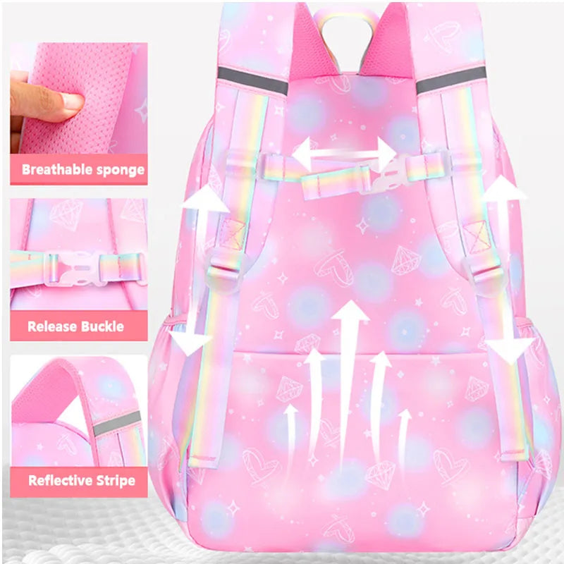 Mochilas Escolares para Meninas Criança Mochila de Ombro Cor Doce Bonito com Grande Capacidade de Abertura Lateral