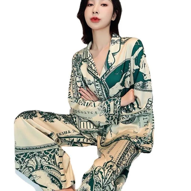 Women Sets Autumn and Winter Cardigan Lapel Home Wear Two-Piece Eu Wind Big Yards Ladies Pajamas Comfortable Sleepwear Nightwear