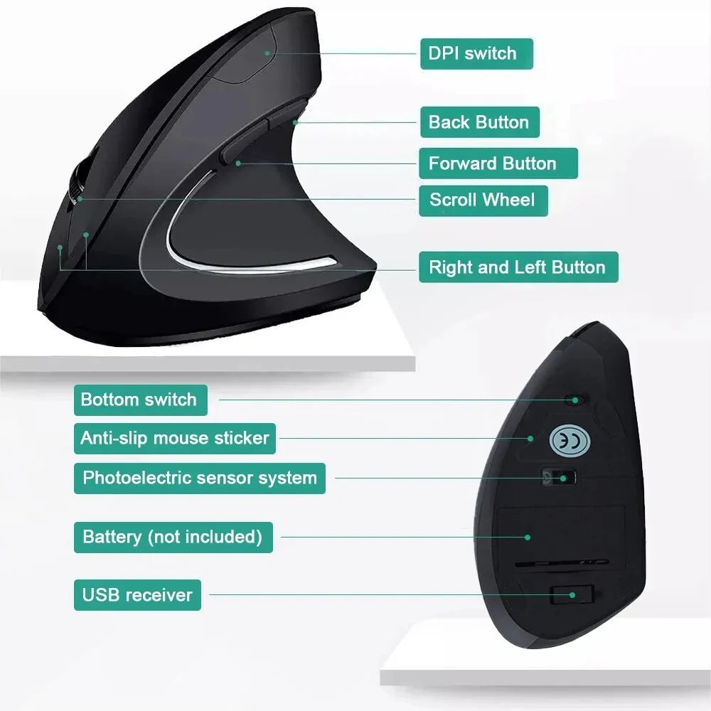 HOMEFISH Vertical Mouse Ergonomic 2.4GHz Wireless Optical Mice 3 Adjustable DPI 800/1200/1600 6 Buttons for Laptop PC Computer
