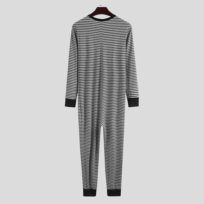 Spring Men O Neck One-piece Pajamas Long Sleeve Striped Daily Home Wear Rompers Slim-fit Button-down Cozy Sexy Tight Sleepwear