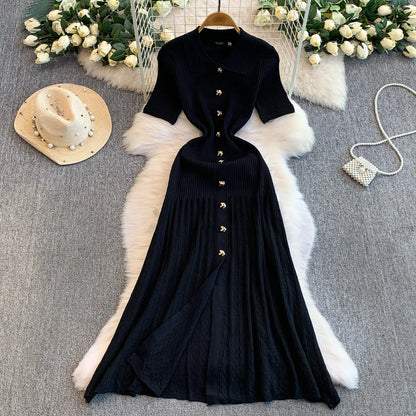 2025 Vestidos de Mulher Linha A Vazados Vestidos Femininos de Malha Vintage Robe Femme Cintura Alta Verão Coreano Vestido de Peitilho Único