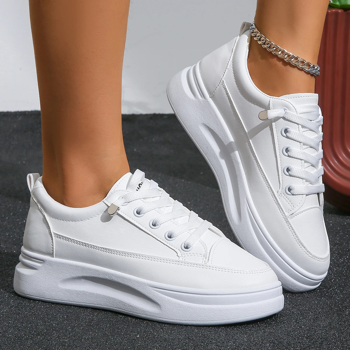 Sapatilhas Brancas de Mulher Outono com Atacadores Fundo Grosso Casual Antiderrapante para Caminhada Exterior Desportivas Sapatos de Plataforma Sapatos Femininos