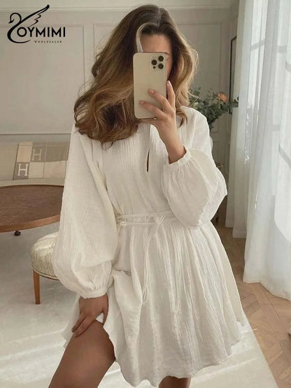 Oymimi Vestidos de Algodão Bege Elegantes para Mulher Moda Gola V Manga Comprida Vestidos com Atacadores Vestido Mini Plissado Casual Roupa de Rua