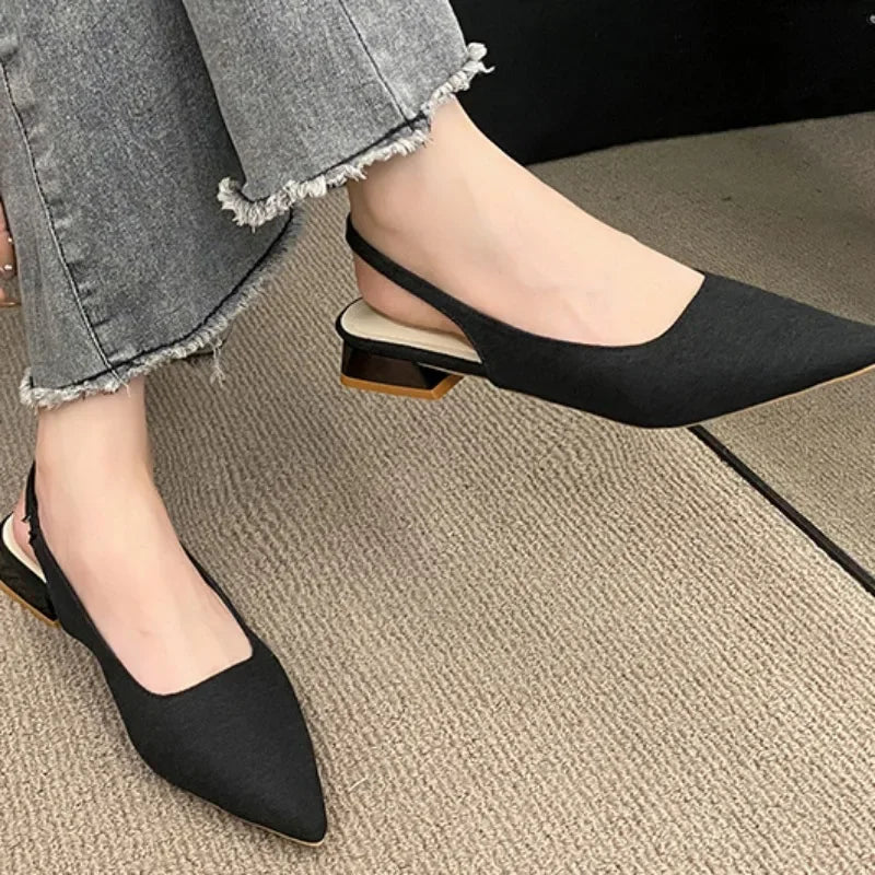 2025 Summer Ladies New Sexy Pointed Retro Solid Color High Heels PU Leather Designer Casual Outdoor Slingback Party Ladies Sanda