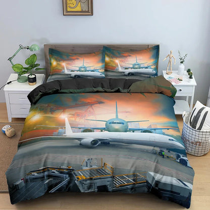 Boys Airplane Duvet Cover Set Children Teens Aviation Aircraft Runway Bedding Set 3D Airplane Cover Room Decortion for Adults