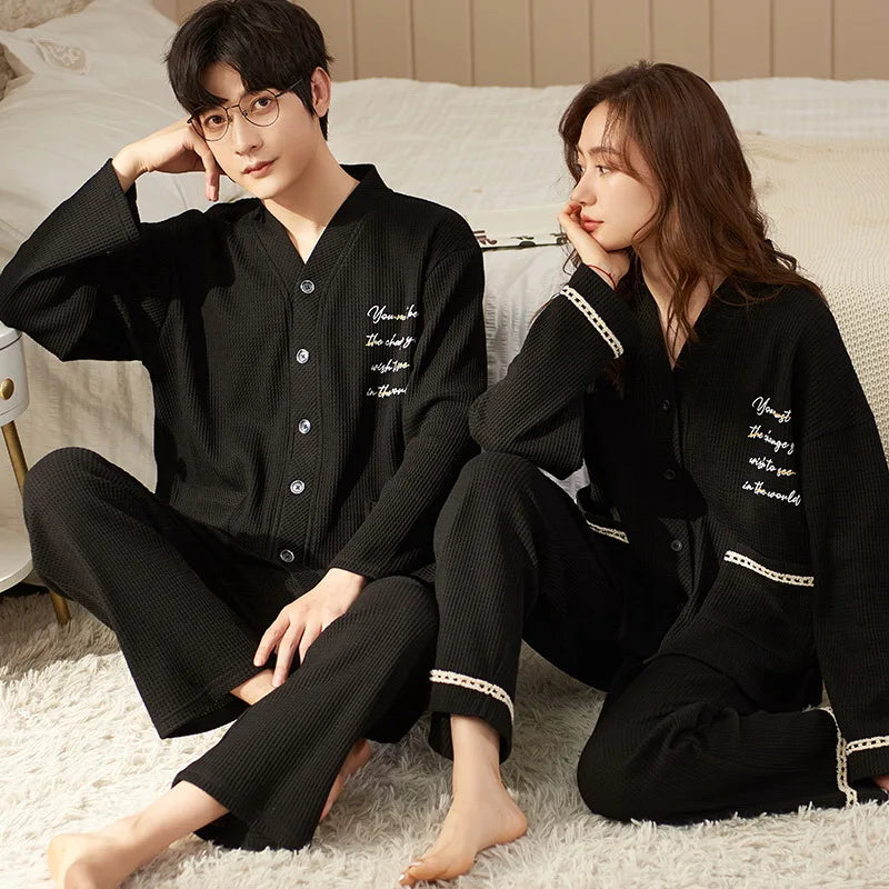 New Long Sleeve Sleepwear Couple Men Women Matching Home Clothes Cotton Cartoon Leisure Nightwear Pajamas Set Lover Loungewear